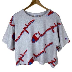 Champion Reverse Weave Tee T Shirt Gray w Red Spellout Logo Size XL Cropped